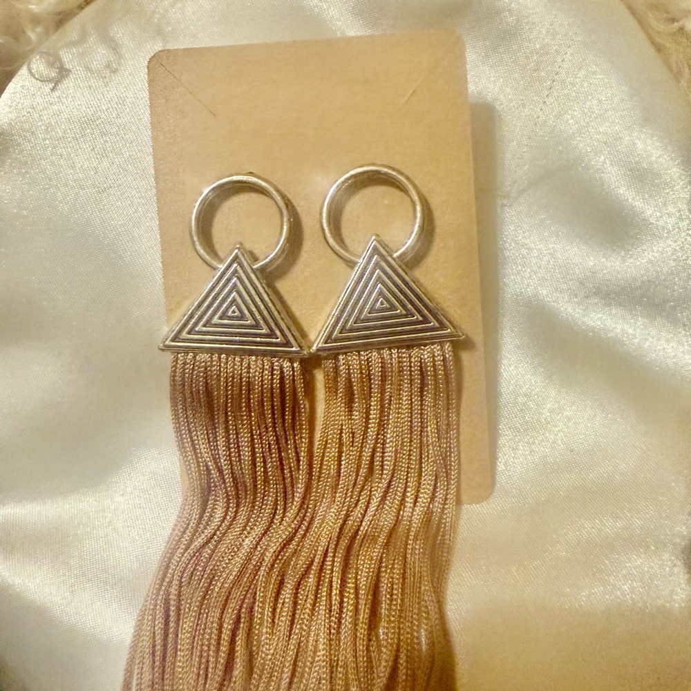 Geometric Silver and Tan Tassel Earrings